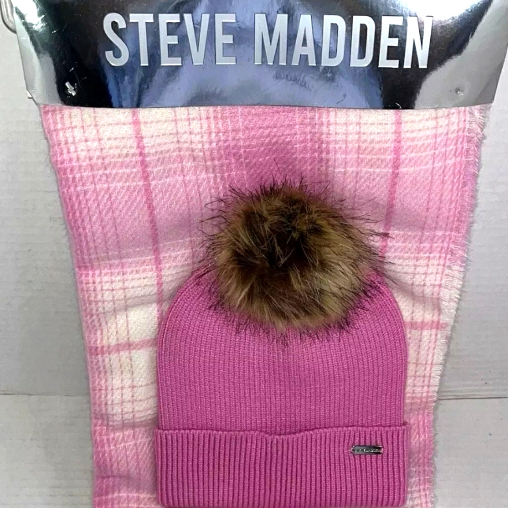 Steve Madden Women's Cuff Beanie Hat & Scarf Set in Pink Bubblegum Plaid